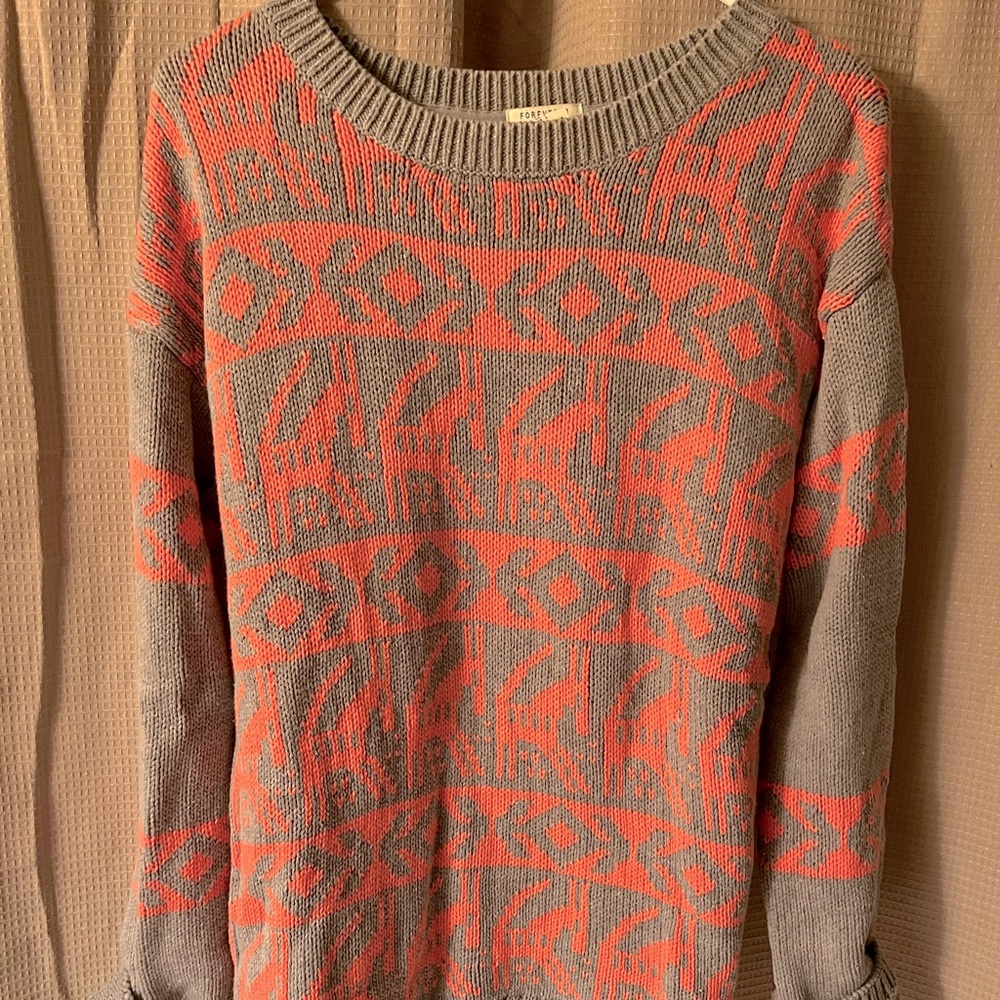 Pink and grey crocheted sweater. LIKE NEW. Size: Large